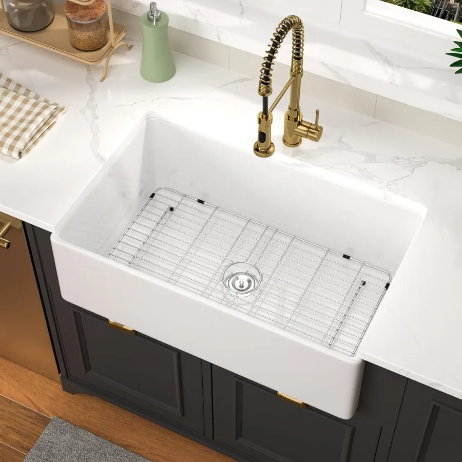 33 Inch White Farmhouse Sink with Fireclay Material 33X20X10 Inch Single Bowl Apron Front Kitchen Sink in Porcelain Ceramic Lar