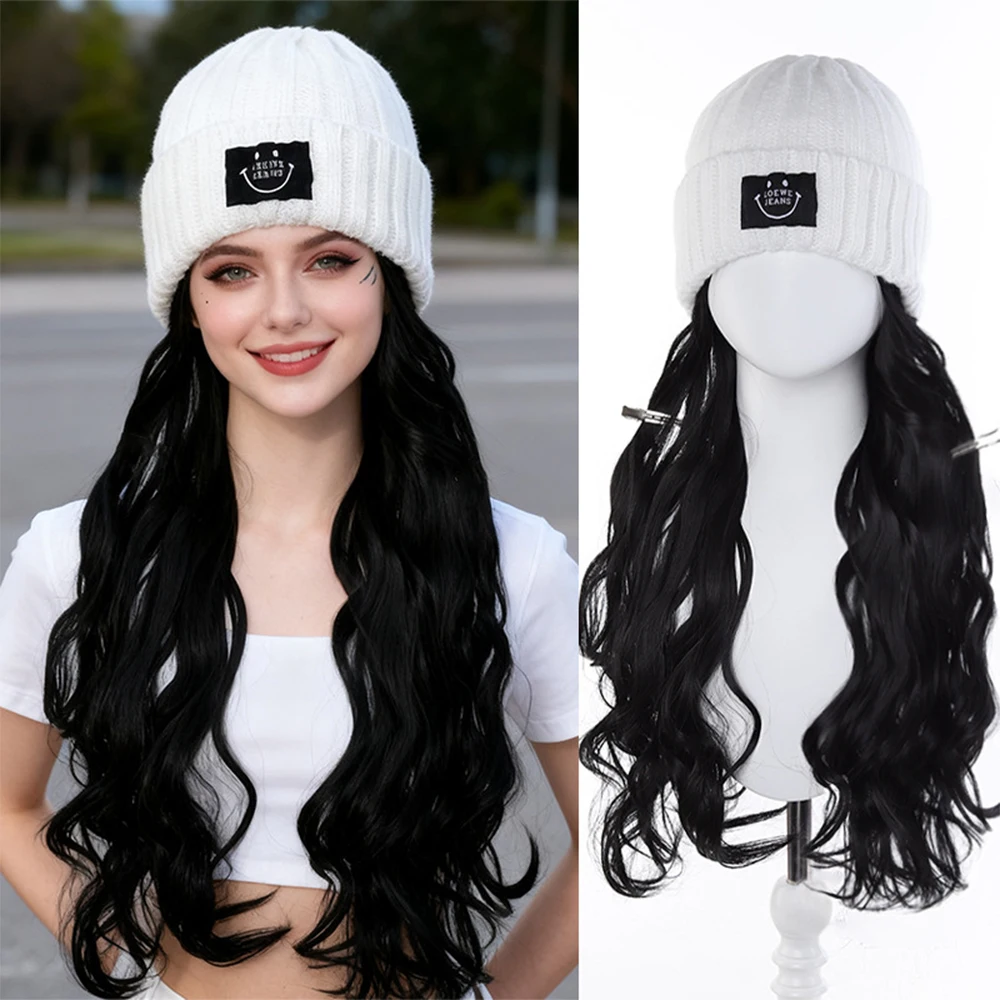 

Synthetic Hat Wig Beanies Hat With Hair Wigs For Women Synthetic Long curly hair Warm Ski Plush Knitted Autumn Winter Cap