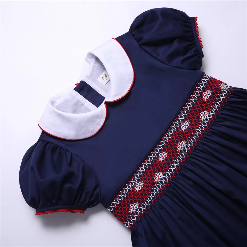 Pettigirl Girls Children Toddler Navy Embroidery Bubble Sleeve Summer Casual Smocked Dresses Clothing Size 2 3 4 5 6 8 10 12 Yrs