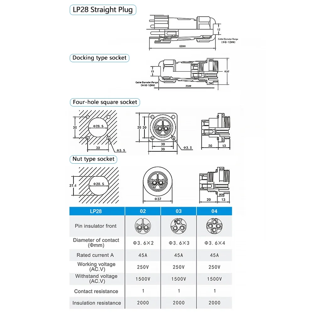LP/SP28 Cable Connector Nut/Docking/Square IP68 Waterproof Aviation Male Female Plug Socket 2 3 4 Pin Screw Wiring No Welding - Image 5