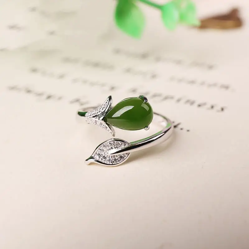 

Green Natural Jade Flower Rings Charm Designer Talismans Adjustable Ring Vintage Carved Gemstone 925 Silver Real Jewelry Stone