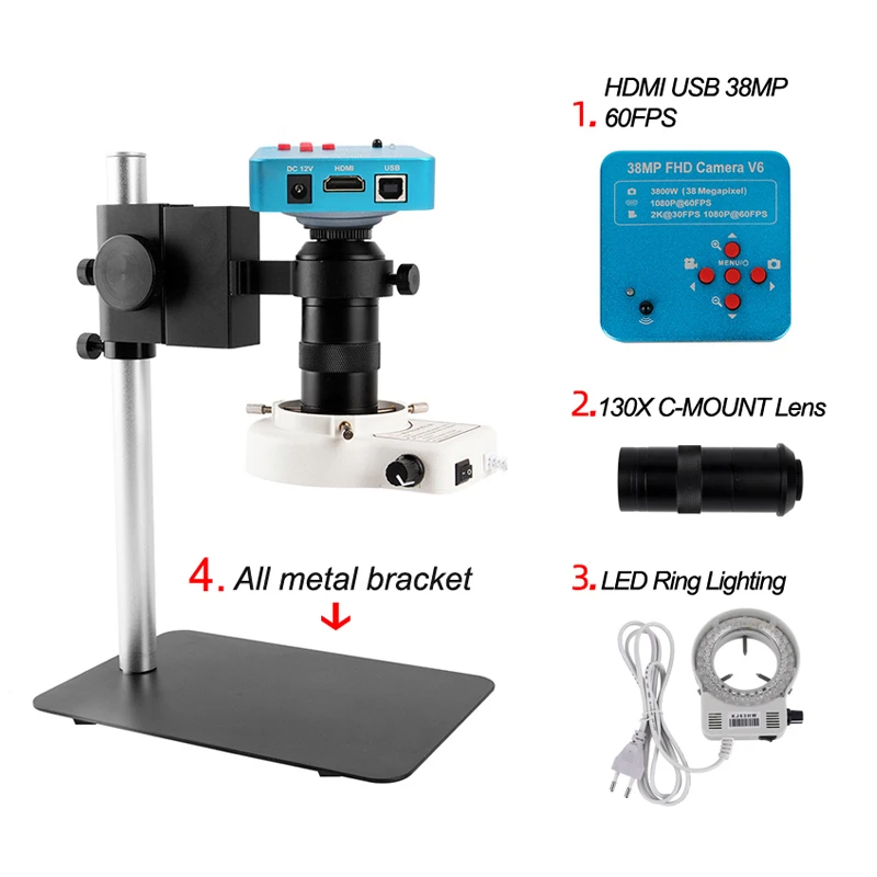 Elettronica microscopio digitale per saldatura Sony Imx291 sensore HDMI USB Camera 1-130X Zoom Lens LED Light staffa regolabile