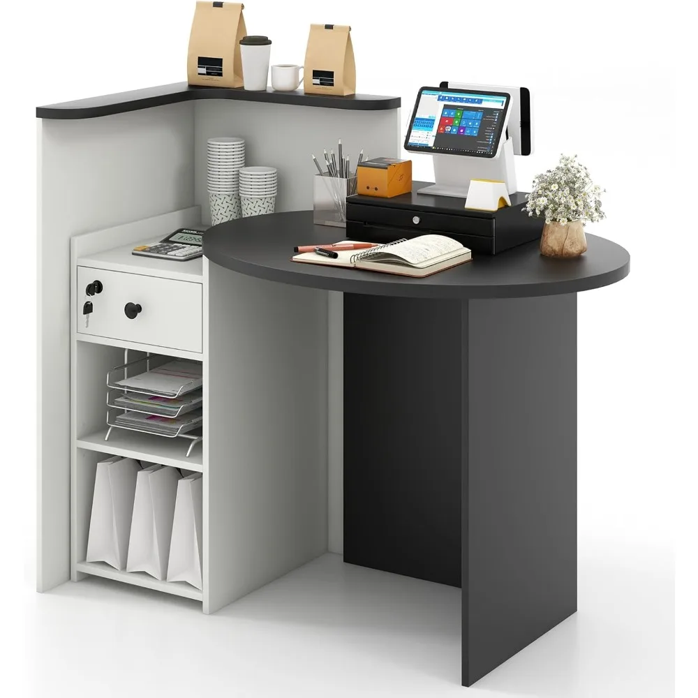 

L Shaped Reception Desk 48 Inch Retail Counter with Lockable Drawer Storage Shelf Wooden Computer Table for Salon Restaurant