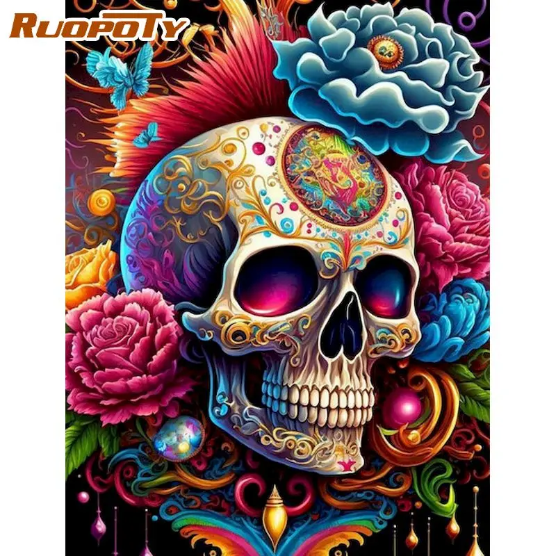 

RUOPOTY Frame Painting By Numbers For Adults Kits Skull And Flowers Handmade Diy Gift For Home Decors