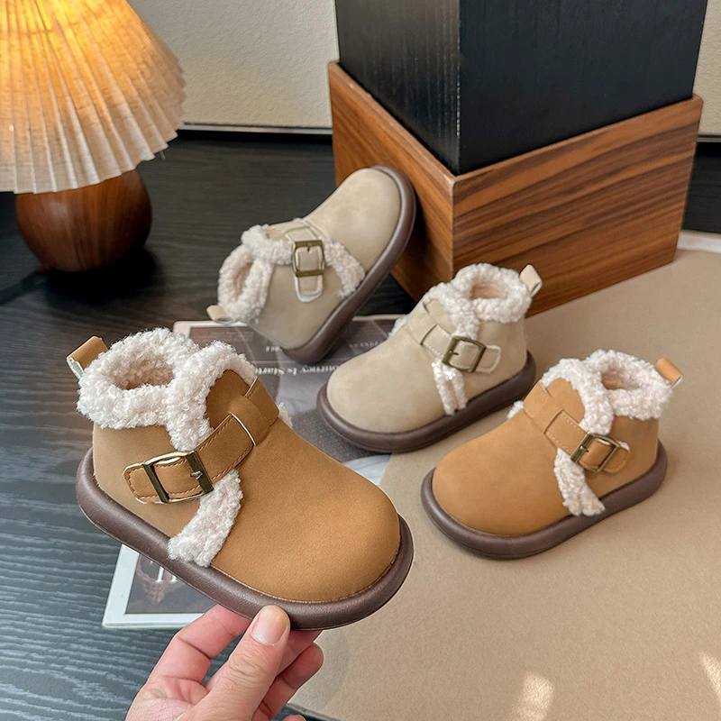 Children's Ankle Boots Winter Furry Hairy Kids Shoes Boots for Girl Simple Versatile Boys Causal Thermal Boots Fashion Hook Loop