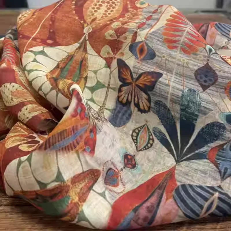 High end orange red pure ramie printed fabric, used for summer shirts, dresses, and hand sewn fabrics