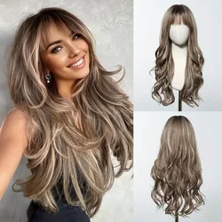 Long Wavy Blonde Synthetic Wigs with Bangs Natural Ombre Wig for White Women  Party Daily Use Heat Resistant Fake Hair