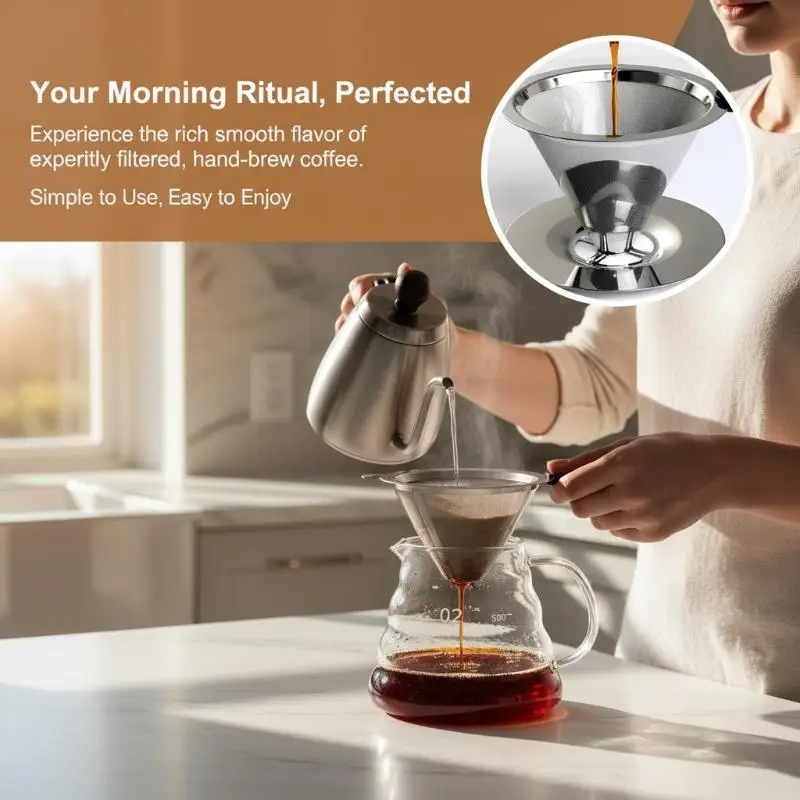 Stainless Steel Pour Over Coffee Filter Food Grade Fine Mesh Reusable No Paper Waste for Office Home Travel Use