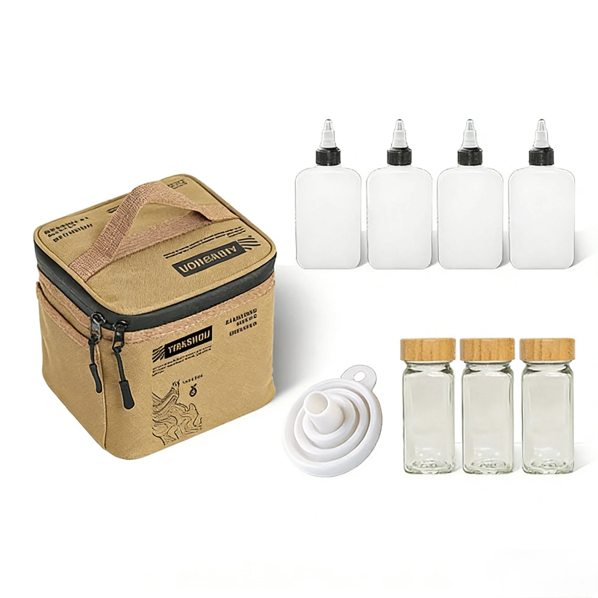 Portable Camping Outdoor Cooking Kitchen Organizer Case Oxford Material Oil Bottle Condiment Storage Bag Set Includes Funnel