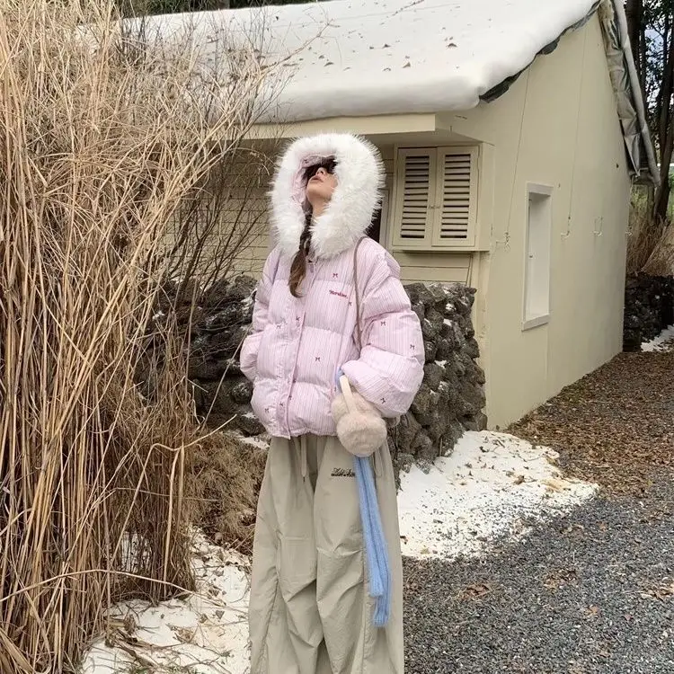 American Retro Style Long Sleeve Hooded Parkas Women Cat Ears Sweet Sweatshirt Vintage Faux Fur Collar Solid Color 2025 Winter