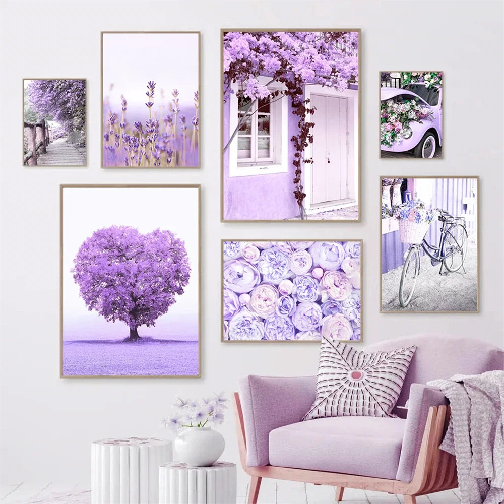 

Purple Tree Flower Girl Lavender Canvas Painting Bike Car Wall Art Print Landscape Poster Nordic Wall Pictures Living Room Decor