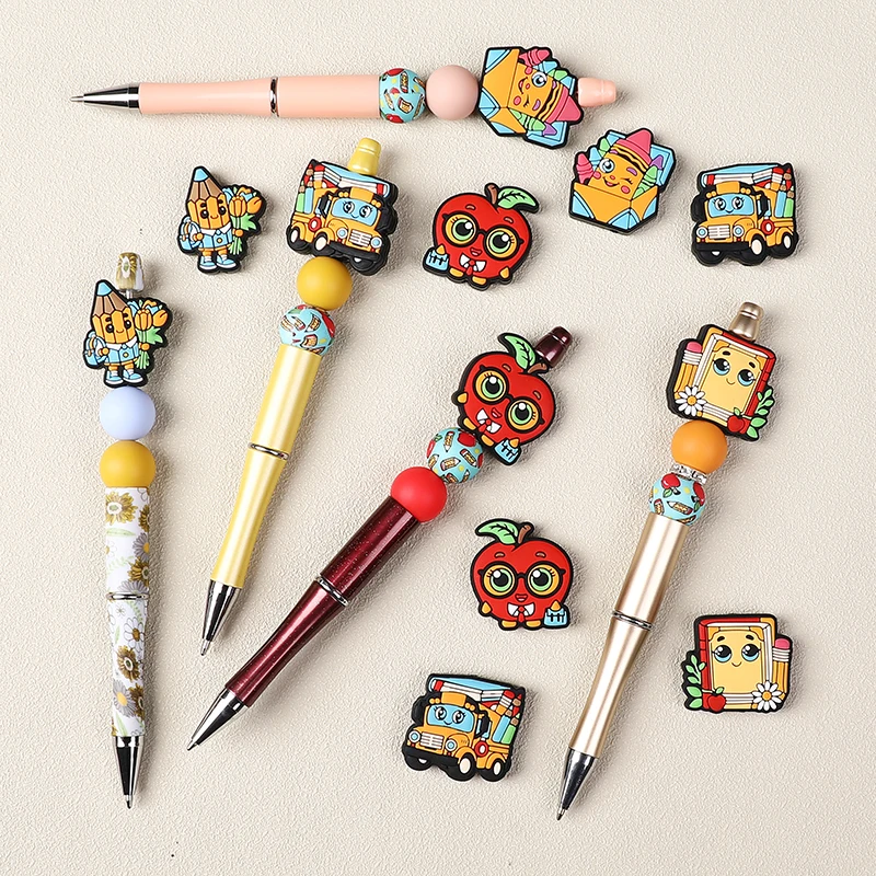 5/10Pcs New Cartoon Learning Stationery Series Focus On Silicone Bead Jewelry Making DIY Keychain Bracelet Necklace Pen Accessor