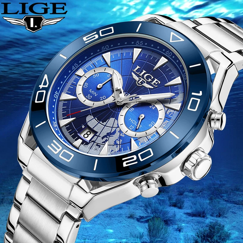 

New Fashion LIGE Brand Luxury Stainless Steel Band Quartz Man Watch Business 30M Waterproof Luminous Chronograph Sport Clock+Box