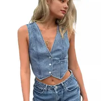Amazon Best Selling TUME European and American Cross-Border Fashionable Casual Denim Vest For Women V-Neck Collar