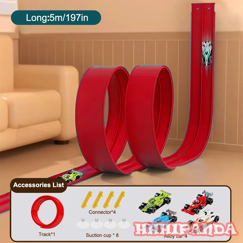 مسار سباق مرن بطول 13 قدمًا و16 قدمًا للأطفال، مسار منحدر سيارة السباق مع أكواب شفط و4 سيارات سباق صغيرة