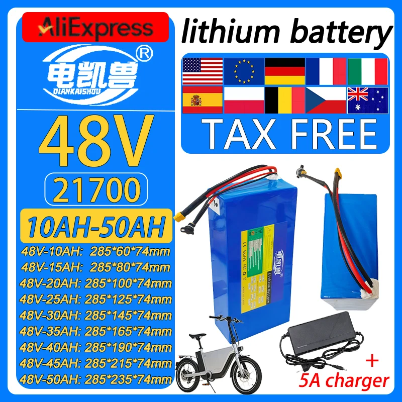 

New 48V 50Ah 45Ah 40Ah 35Ah 30Ah 25Ah 20Ah 15Ah 10Ah 21700 lithium battery pack 2500W motorcycle tricycle with BMS +5A charger