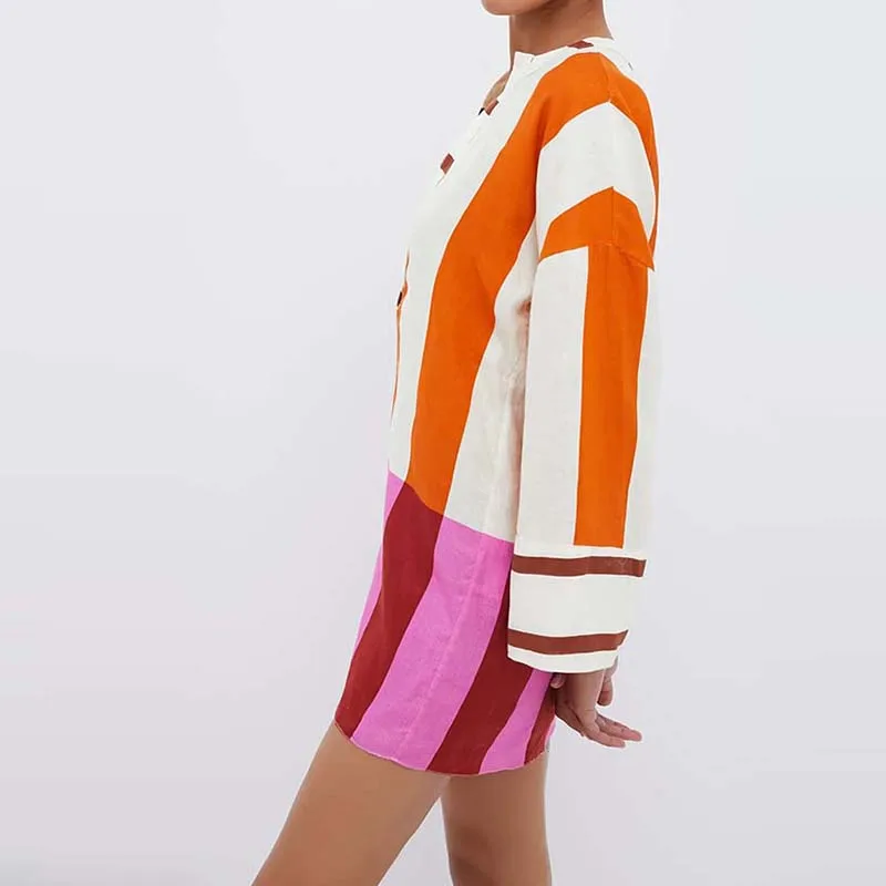 Casual High Street Bohemian Kleider Vestidos Low Cut Tiefem V Lange Ärmeln Herbst Kleid Büro Damen Gestreiften Gedruckt Kurzes Kleid