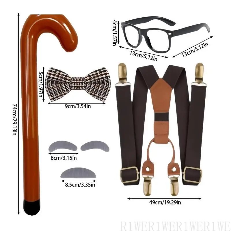 

R1WE Kids Grandpa Old Man Cosplay Beard Eyebrows Bowtie Glasses Suspenders Toy Cane