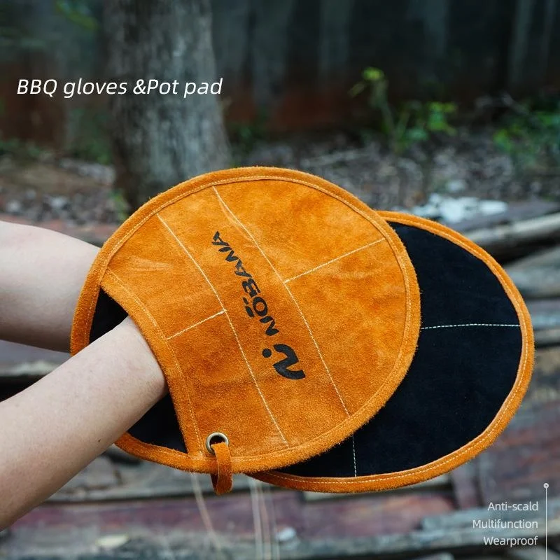 

Leather Mittens,Outdoor BBQ Anti-Heat Gloves, Heat-Insulating Pot Pads, Portable Camping Barbecue Cowhide Oven Baking Gloves