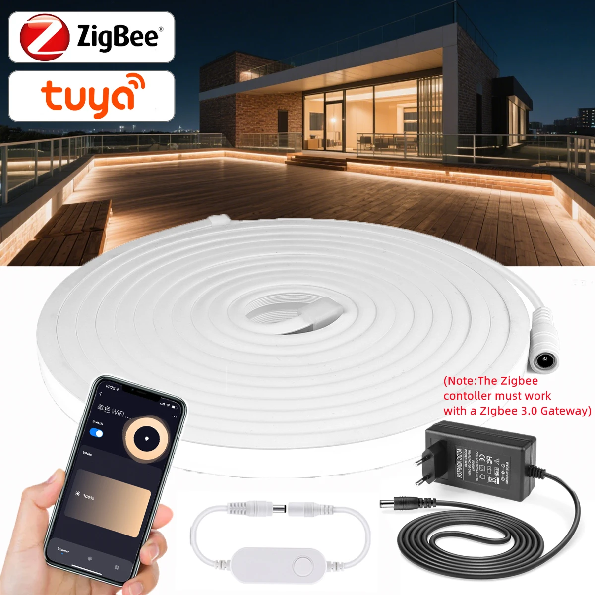 

24 В Zigbee COB светодиодная неоновая лента Alexa Tuya, умная лента с регулируемой яркостью, 320 светодиодов/м, домашний декор комнаты для управления голосовым управлением Goolgle