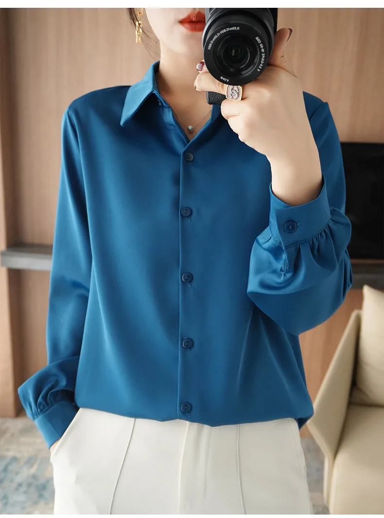 

Vintage Designer Acetate Blouse for Women 2025 New Hong Kong Style Silk Feeling Shirt Elegant Office Wear