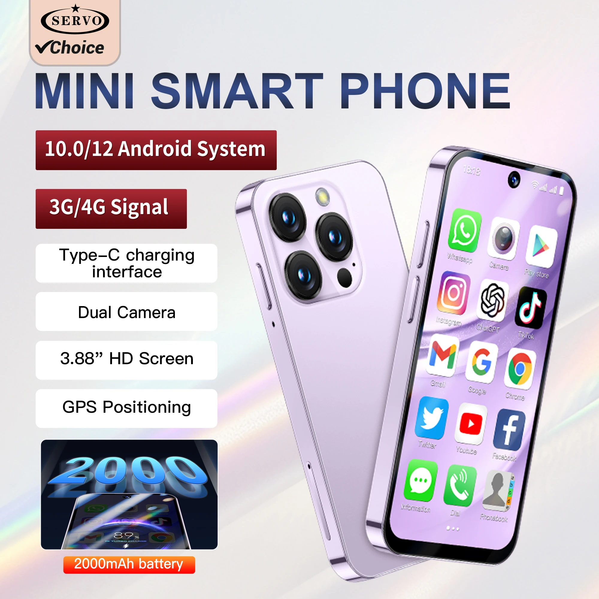 SERVO Mini-Android-Smartphone, 3,88-Zoll-Display, 4G LTE/3G WCDMA, 4 GB + 128 GB/2 GB + 16 GB, 2000 mAh Akku, Kamera, kleines Mobiltelefon Typ C