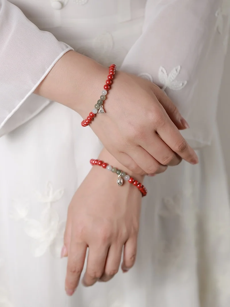 Natural Raw Ore Purple Gold Sand Cinnabar Bracelet Sterling Silver Lotus Canopy Bracelet Female's Year of Life Transfer Beads