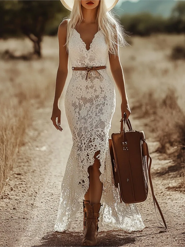 

New V-neck Sleeveless Boho White Dress Lady Sexy Lace Embroidery Hollow Sling Dress Fashion Irregular Solid Slim Party Dress