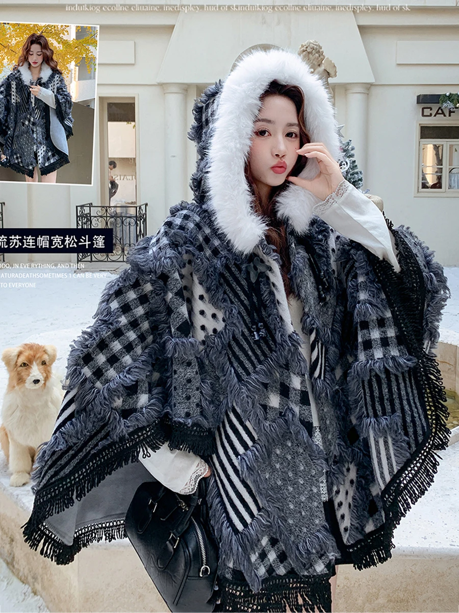 

Fashion Vintage Plaid Faux Fur Wool Blend Cape Coat Good Soft Loose Outerwear Women Autumn Winter Long Poncho Wraps Party Travel