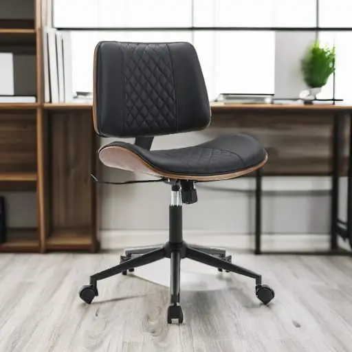 BV Small Desk Chair, Bentwood Back, Swivel Task Chair, Faux Leather, Black