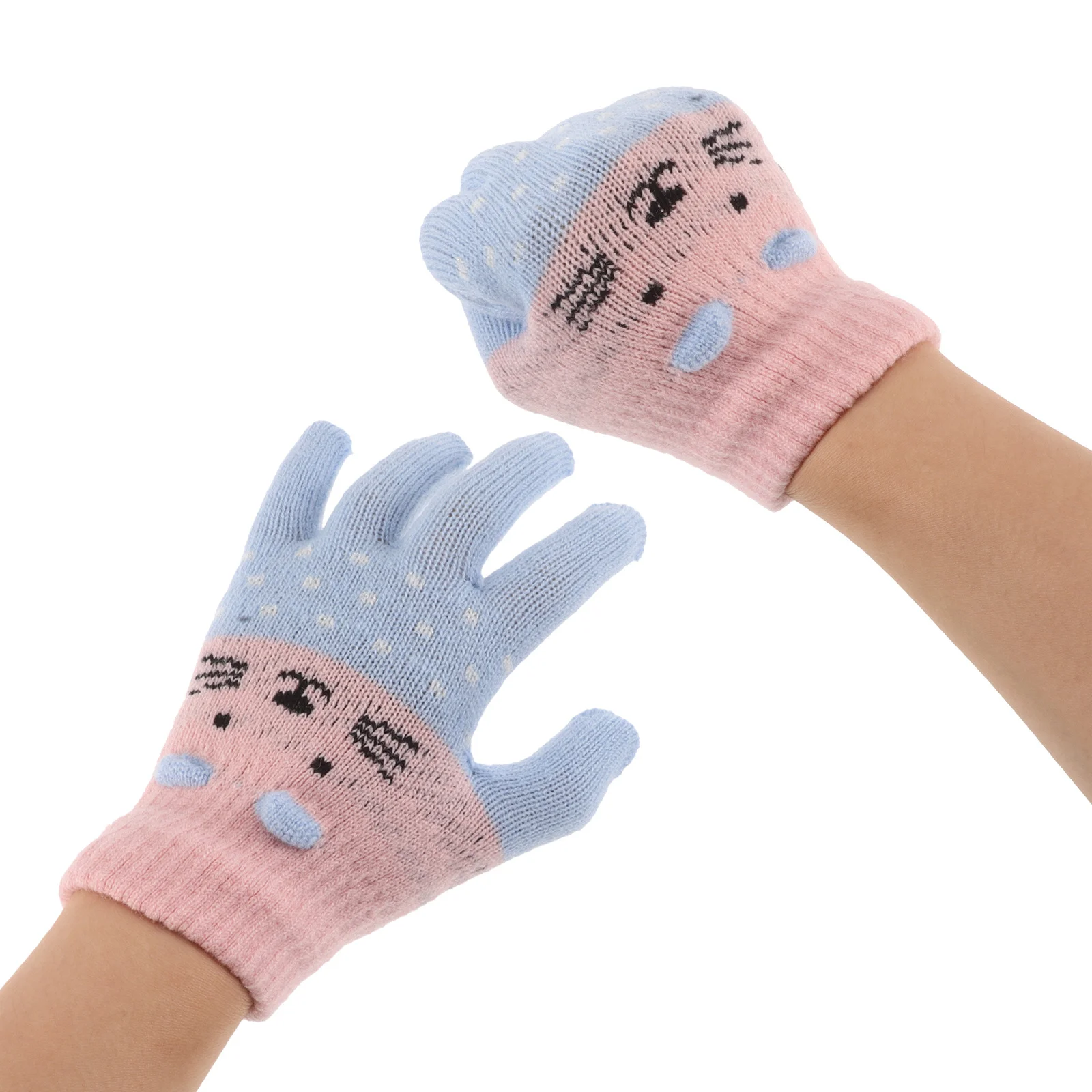 

3Pairs Warm Keeping Gloves Cute Cat Design High-Density Knit for Cold Weather Full Finger Flexibility Kids Winter Mittens