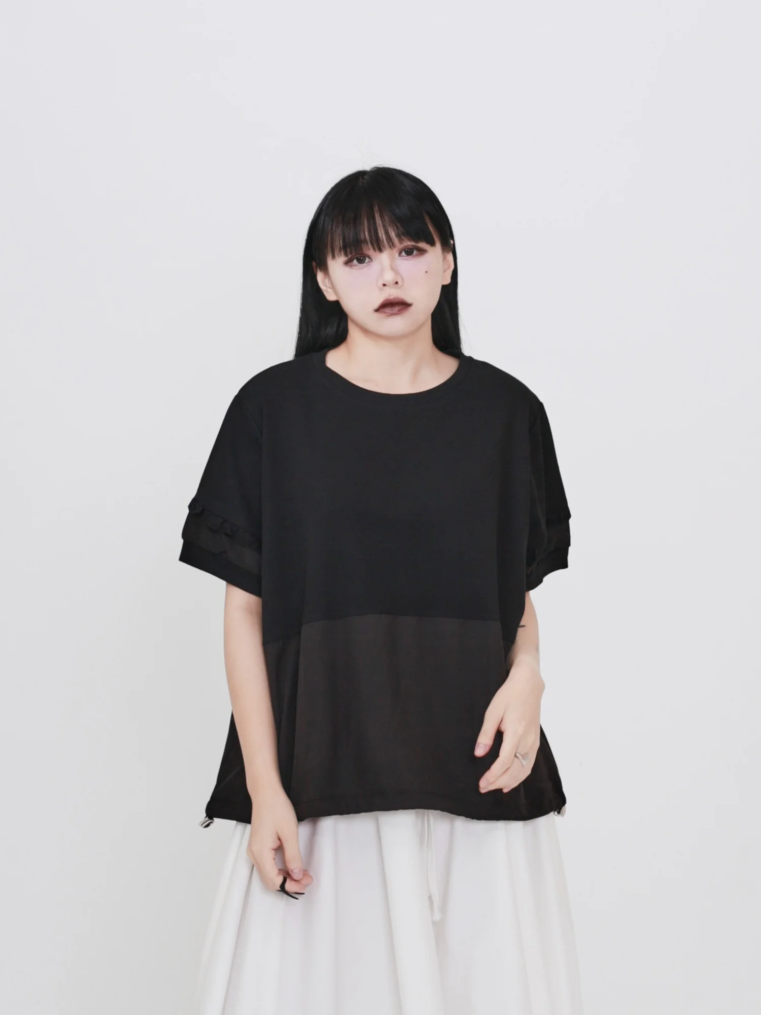 Hidden Seek 2026 Dark Style Summer New Splice Drawstring Design Slim Fit Loose Short Sleeve T-Shirt Breathable Cotton Polyester