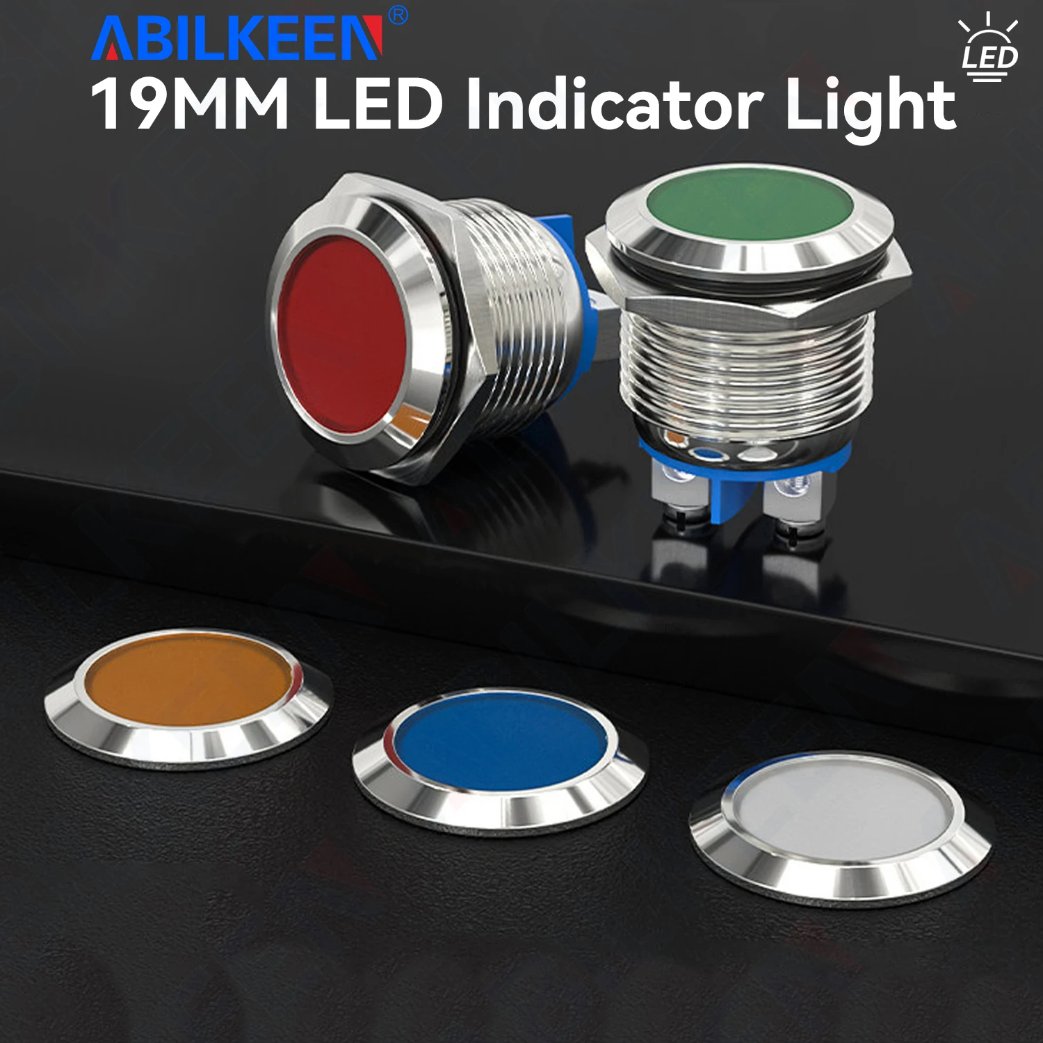 ABILKEEN 19MM LED Metal Indicator Light High Bright Pure-Color Light Industrial Pilot Lamp 3-220V with 2Pin Screw Terminal
