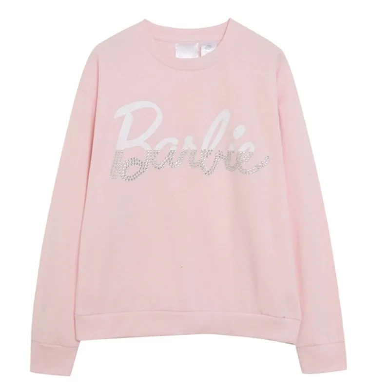 Kawaii Barbie New Girls Long Sleeved Sweatshirt Loose Women Round Neck Pullover Anime Fashion Autumn Winter Streetwear Tops Gift