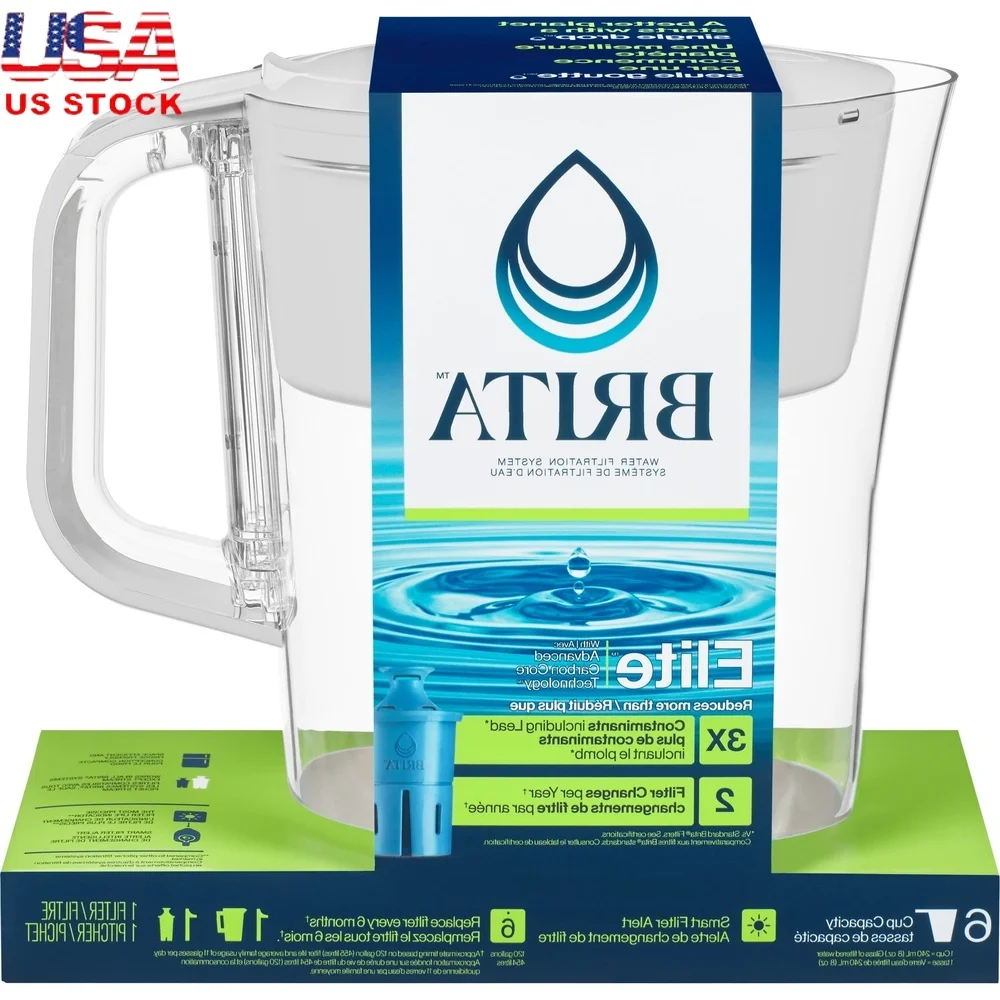 

Plastic Water Filter Pitcher 6-Cup with Elite Filter Reduces Lead Chlorine Mercury Asbestos Microplastics SmartLight Indicator