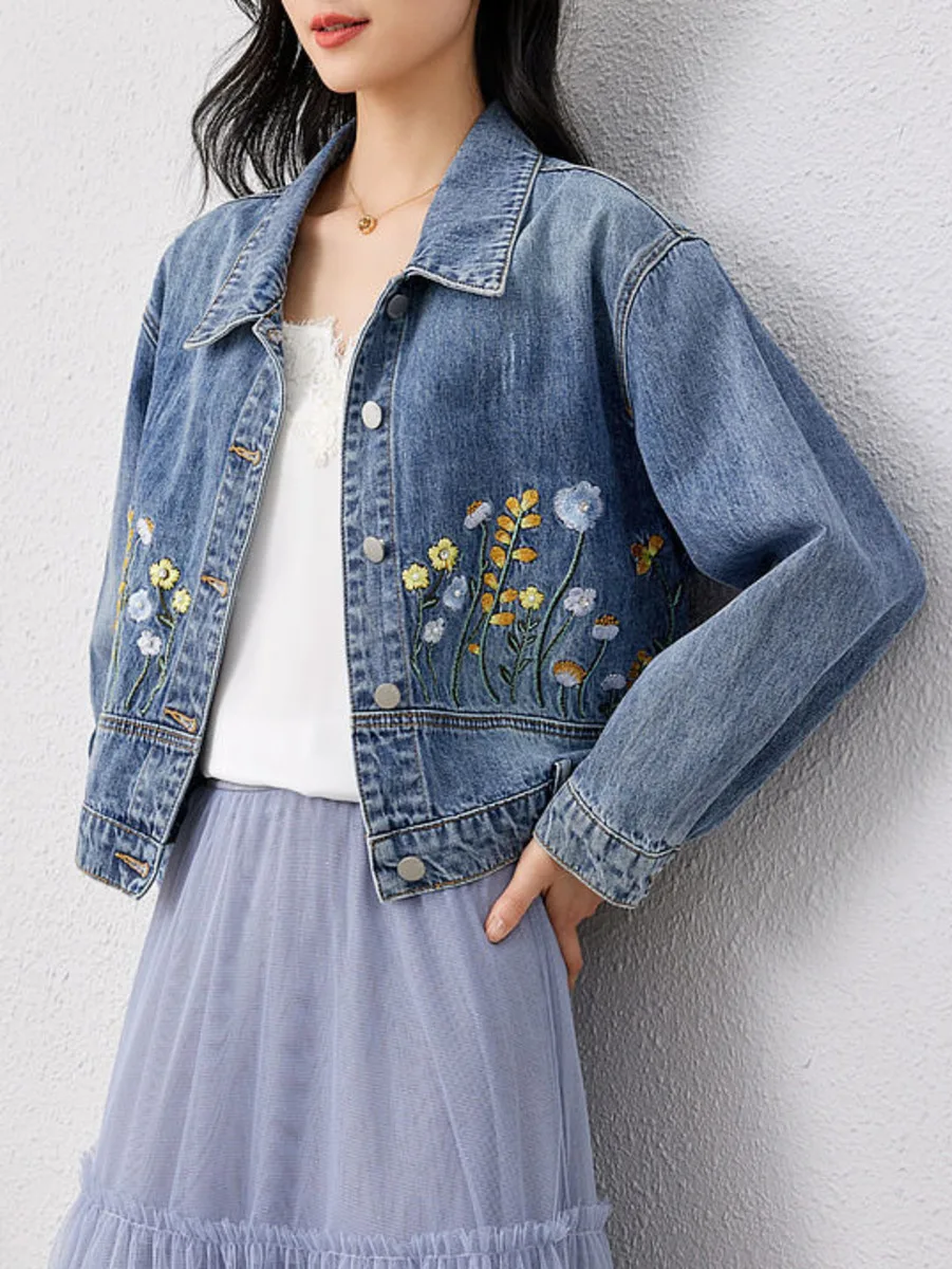 Floral Embroidered Denim Short Jacket Women Casual Denim Jacket Casual Spring Fashionable Cropped Jeans Coat Top Outerwear