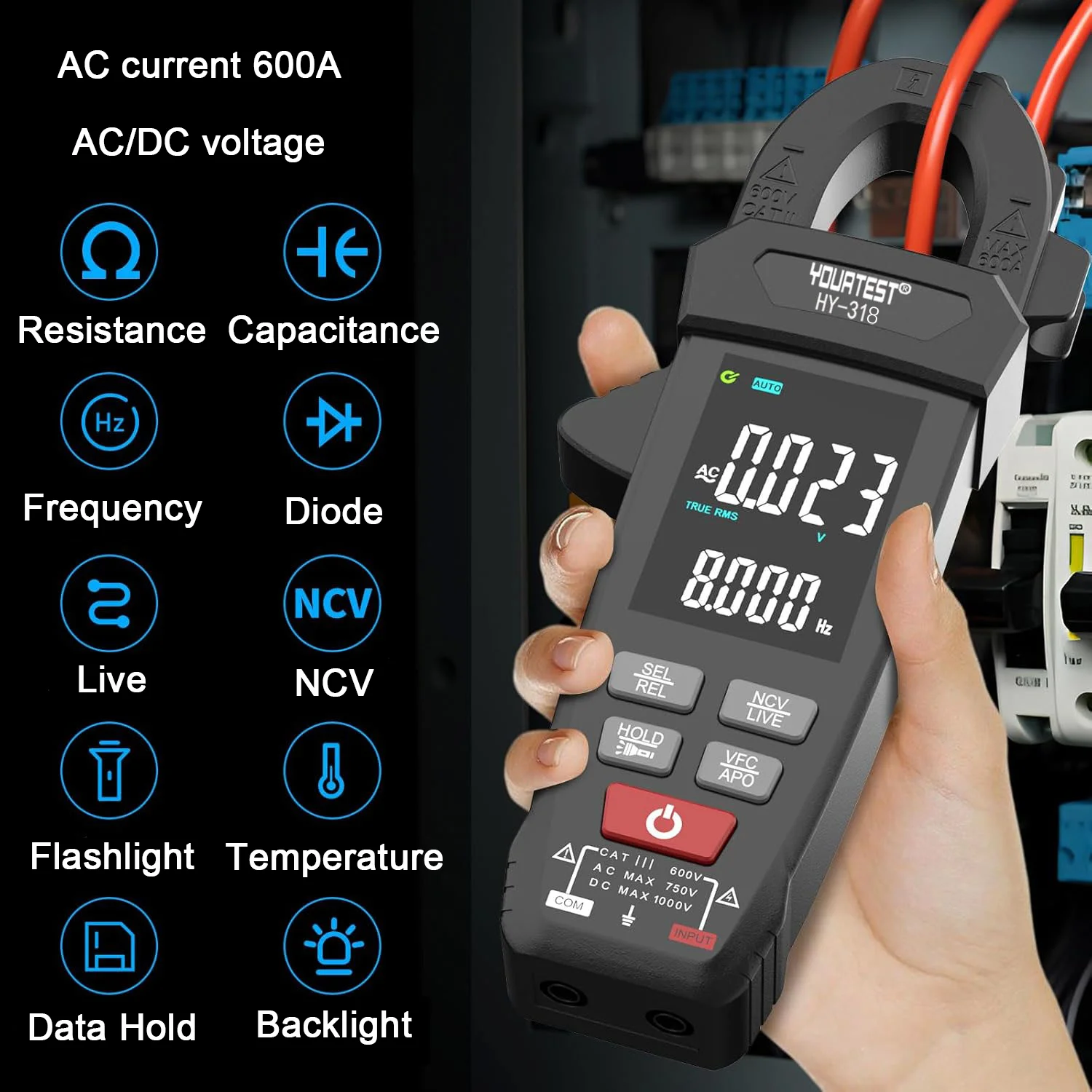 Digital Clamp Meter 600A AC DC Current Professional Ammeter  Auto MultimeterTrue RMS Pliers Ammeter Voltage Hz Ohm NCV Tester