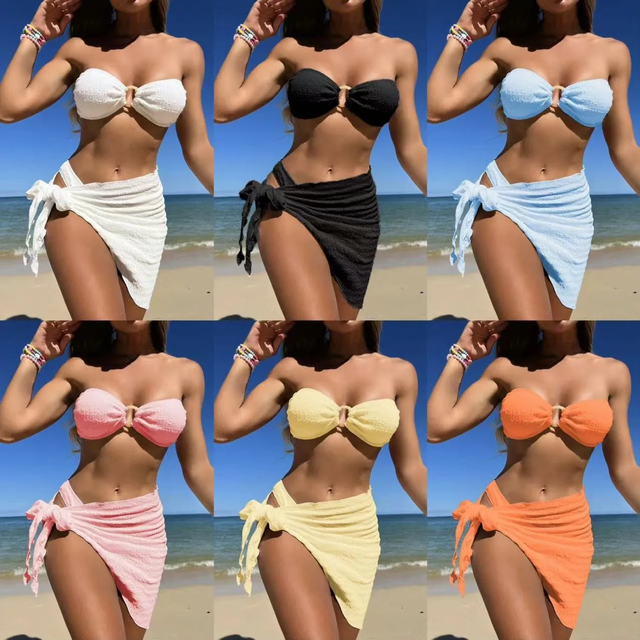 

Swimwear 2026 Bikini Women's Bikinis Bandeau Top Crinkle Fabric Bikini Set Tie Side Skirt White Two Piece Swimsuit Black