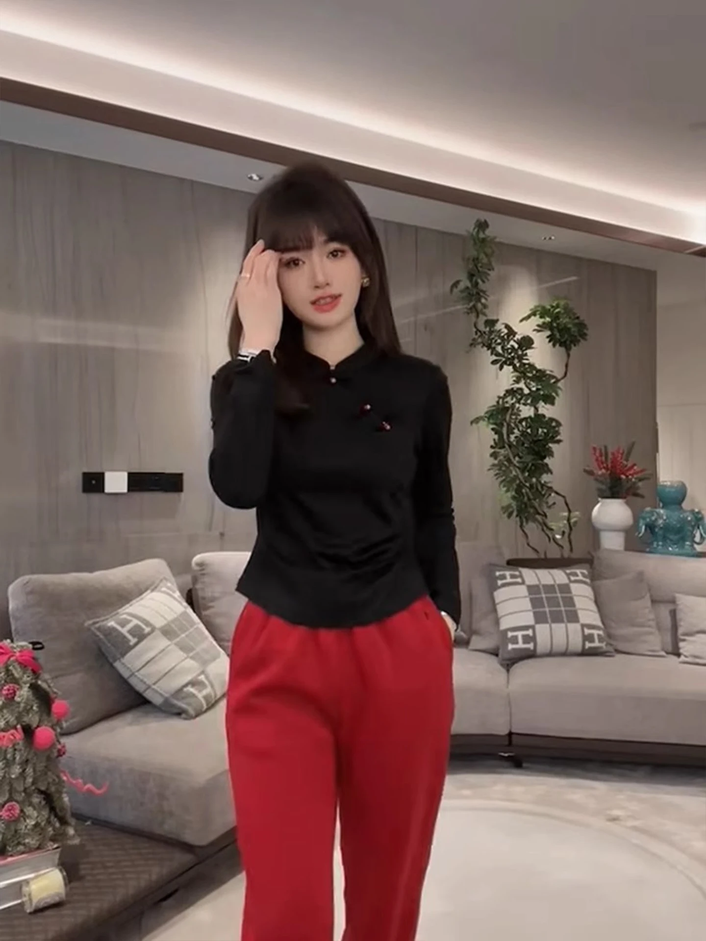 Ele Chinese Sle Damen Long Sve irt Button up Ne Design Straight Cut Pendeln Sle Strickoberteil für den Herbst