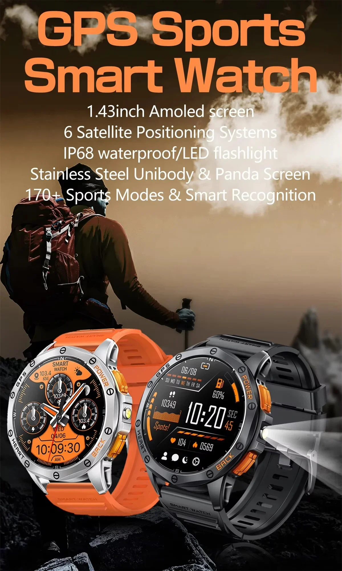 K67 Men's Smart Watch - LED Flashlight, AMOLED Compass, Barometric Altimeter for Outdoor Sports & Fitness Tracking with BT Call