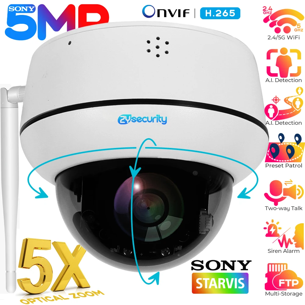 

5MP 5X Optical Zoom Dome IP Camera Outdoor WiFi Surveillance Camera Humanoid Detect Auto Tracking PTZ Security Camera CamHipro