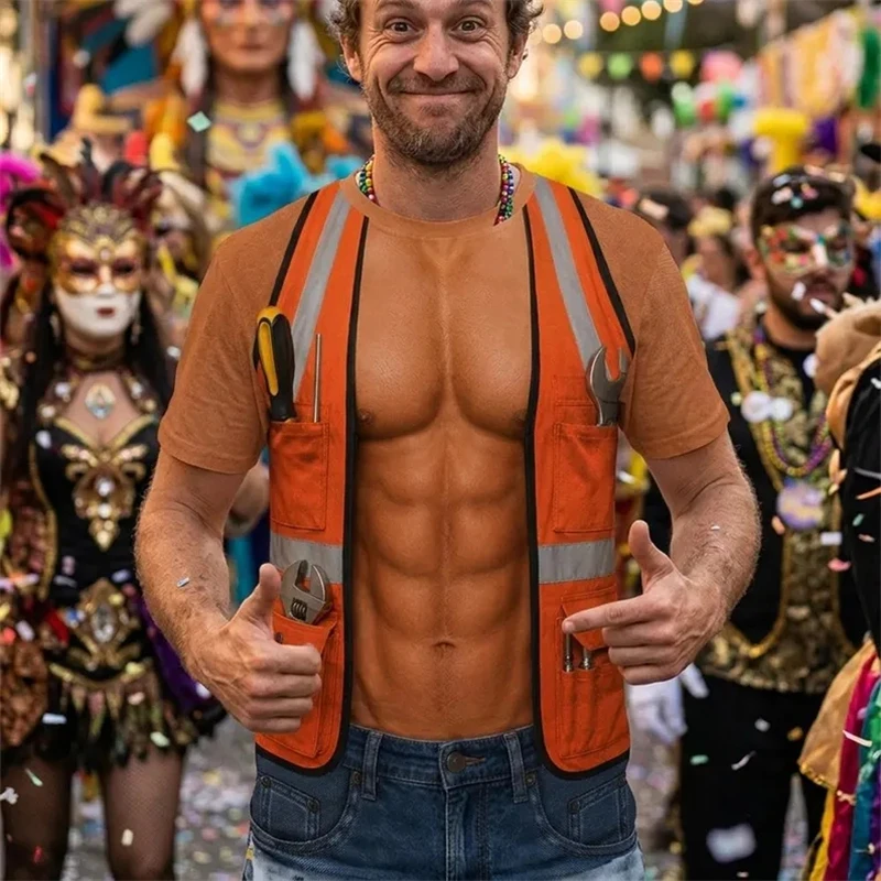 Funny Fake Muscles Graphic Repairman T Shirts For Men Summer Fashion Short Sleeve Cosplay T-shirts Loose Breathable Tees Tops