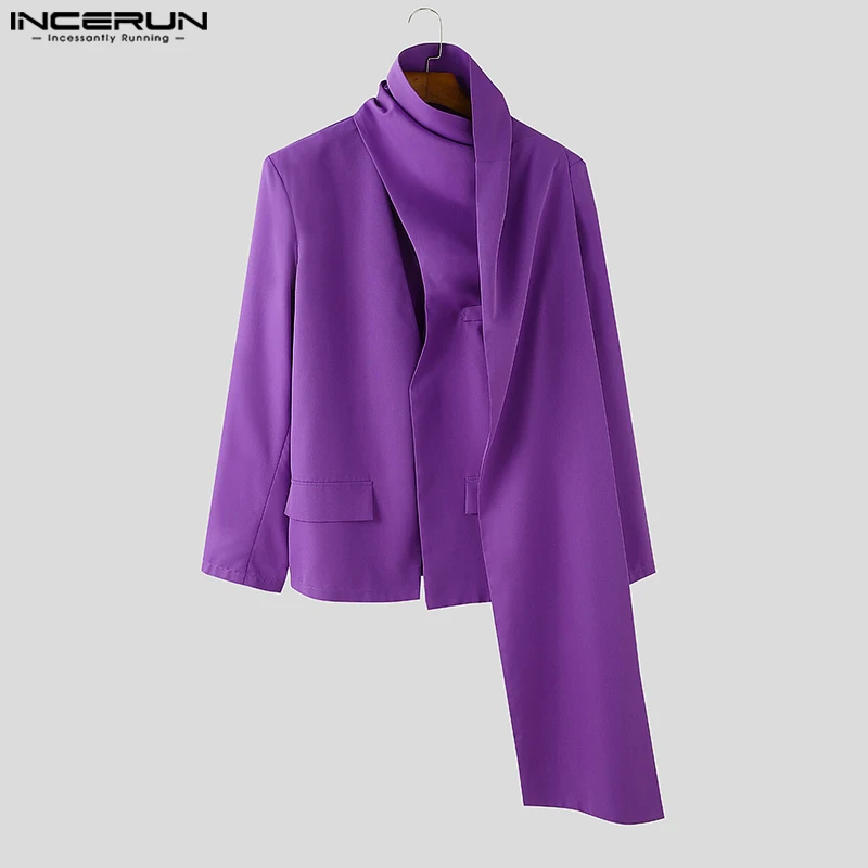 INCERUN Tops 2024 American Style Fashion Men Collarless Design Shawl Suit Coats Personality Male Solid Long Sleeved Blazer S-5XL