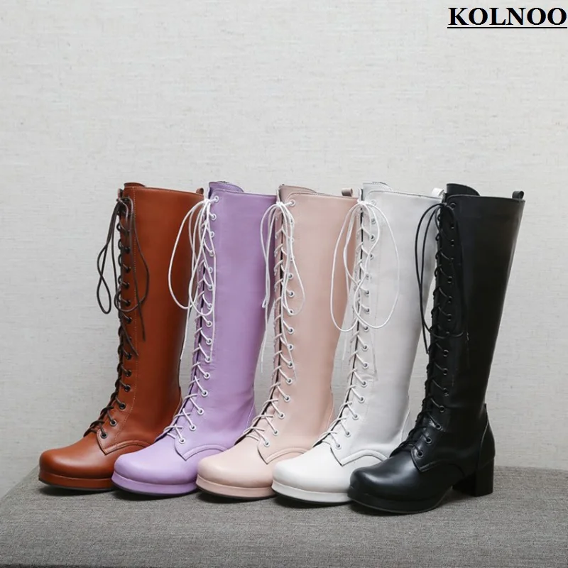 

Kolnoo New Handmade Classic Style Ladies Block Heel Boots Cross Shoelace 5Colors Party Midcalf Boots Evening Fashion Prom Shoes