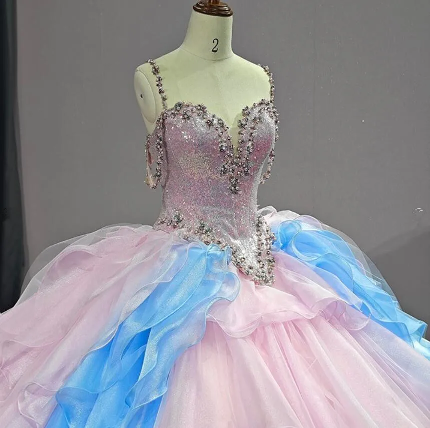 Pink Blue Princess Quinceanera Dresses Sparkly Corset Top Ruffles Skirt vestidos de 15 quinceañera 2024 Sweet 16