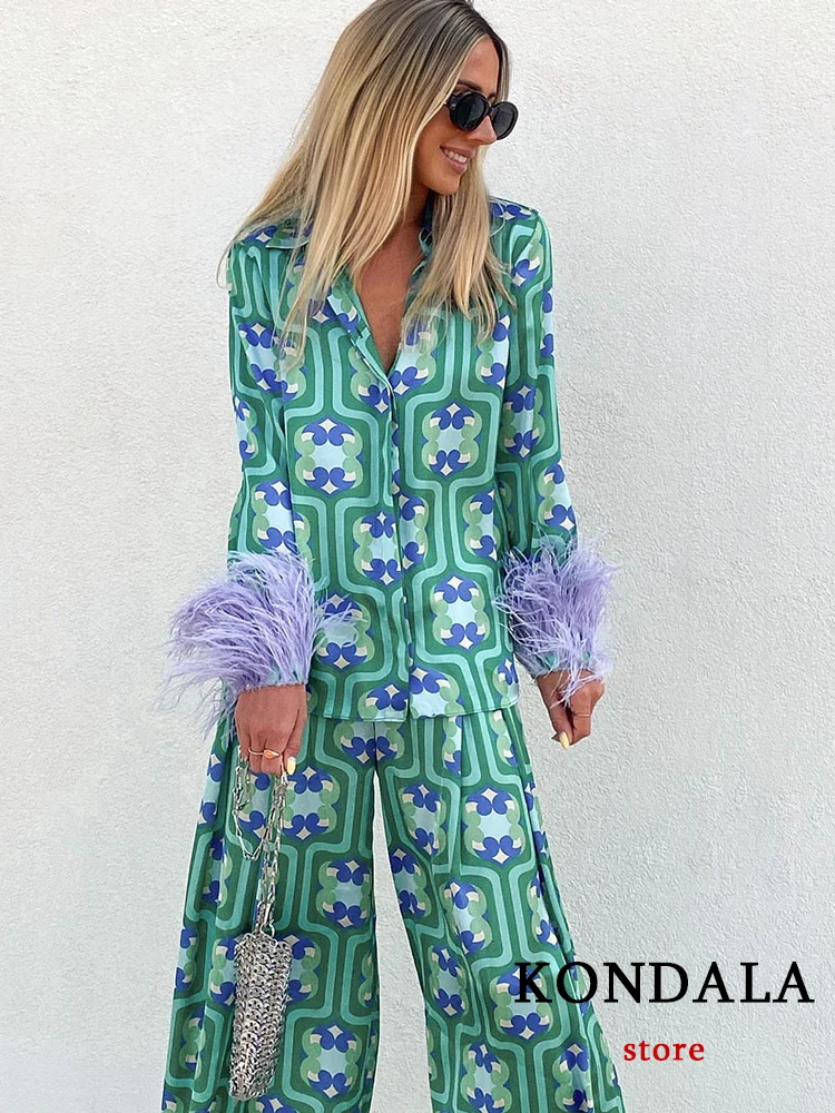 KONDALA Vintage Geometric Print Women Suits Long Fethers Sleeve Loose Shirts+High Waist Wide Leg Pants Fashion 2022 Summer Sets