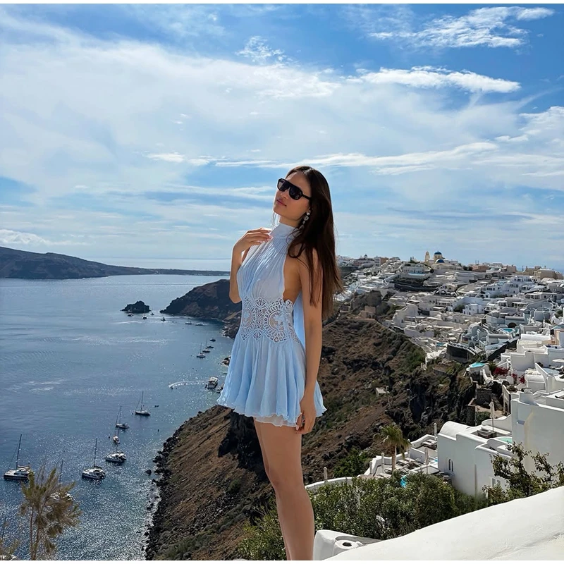 Sexy Patchwork Mini Dress Women Halter Backless See Through Ribbon Fold Vestidos Female 2026 Summer New Beach Vacation Dresses