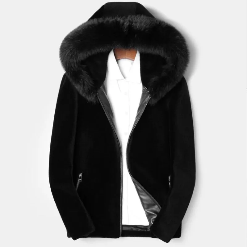 2023 Men's Winter New Real Raccoon Fur Collar Coats Male Genuine Wool Fur Jackets Men Long Sleeve Thick Warm Outerwear