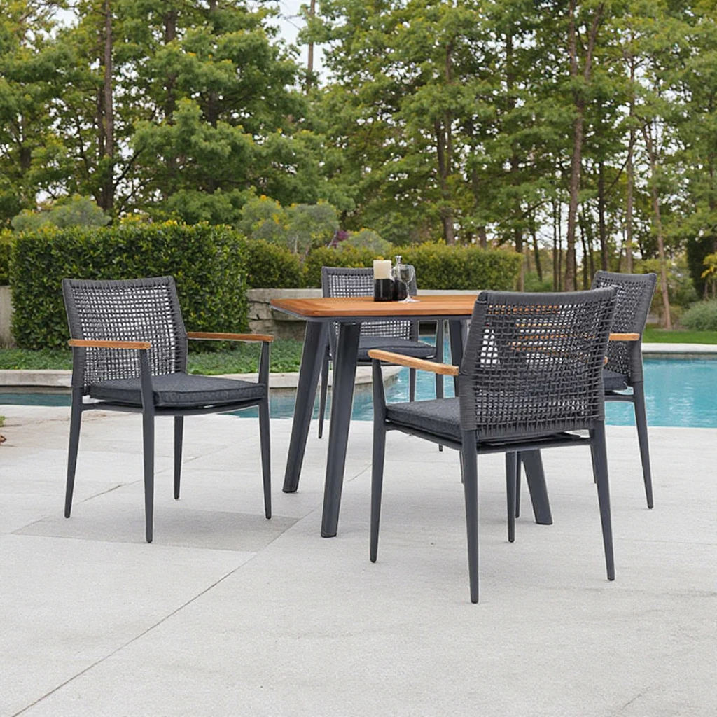 ！@Luxury Modern Style Wooden Dining Table with Rattan Chairs Versatile Furniture Outdoor Garden Restaurant Farmhouse Hall Park U