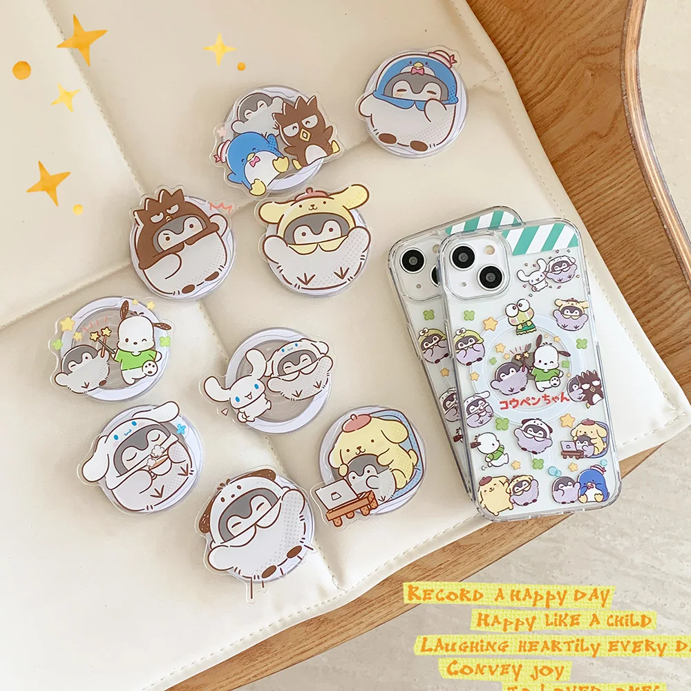 カワイイシンナモロールペンギン電話ケース、Magsafe磁気ブラケット、iPhone 16、15、14、13、12、11 pro max用の透明な裏表紙、プラス